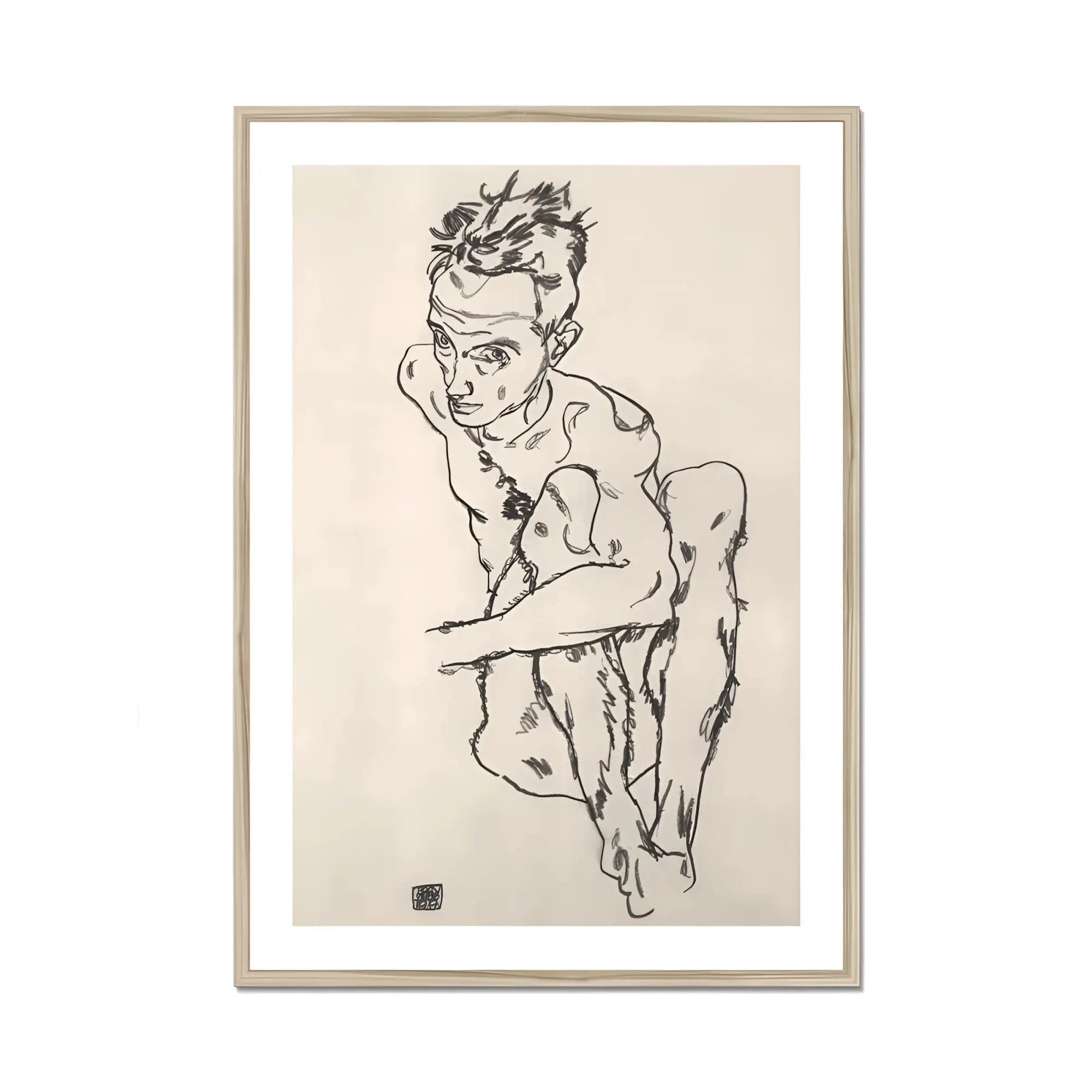 Seated Male Nude (self-portrait) - Egon Schiele Fine Art Print, Framed Seated Nude Man