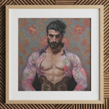 Alonso - Queer Matador Art Print, 12x12’’ / 31x31cm / Natural Frame / 2’’ Matboard, Framed Print Muscular Man Open Floral Shirt Ornate