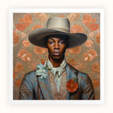 Apollo - Gay Black Dandy Cowboy Art Print, Portrait Painting Person Gray Cowboy Hat Blue Suit
