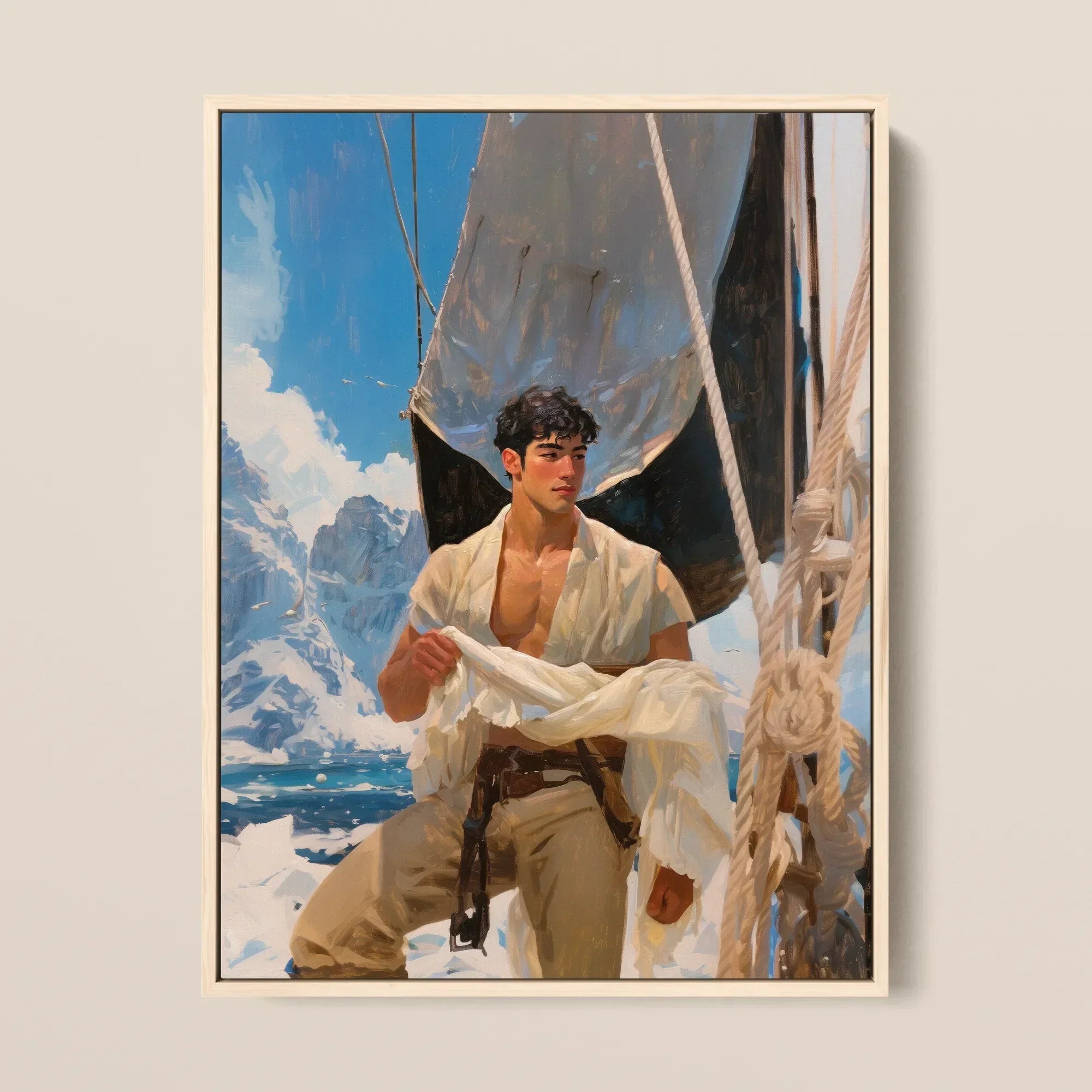 Arctic Circuit - Gay Naval Explorer Framed Canvas, 12x16’’ / 31x41cm / Natural Floating Frame, Framed Oil Painting Shirtless Man Boat Snowy
