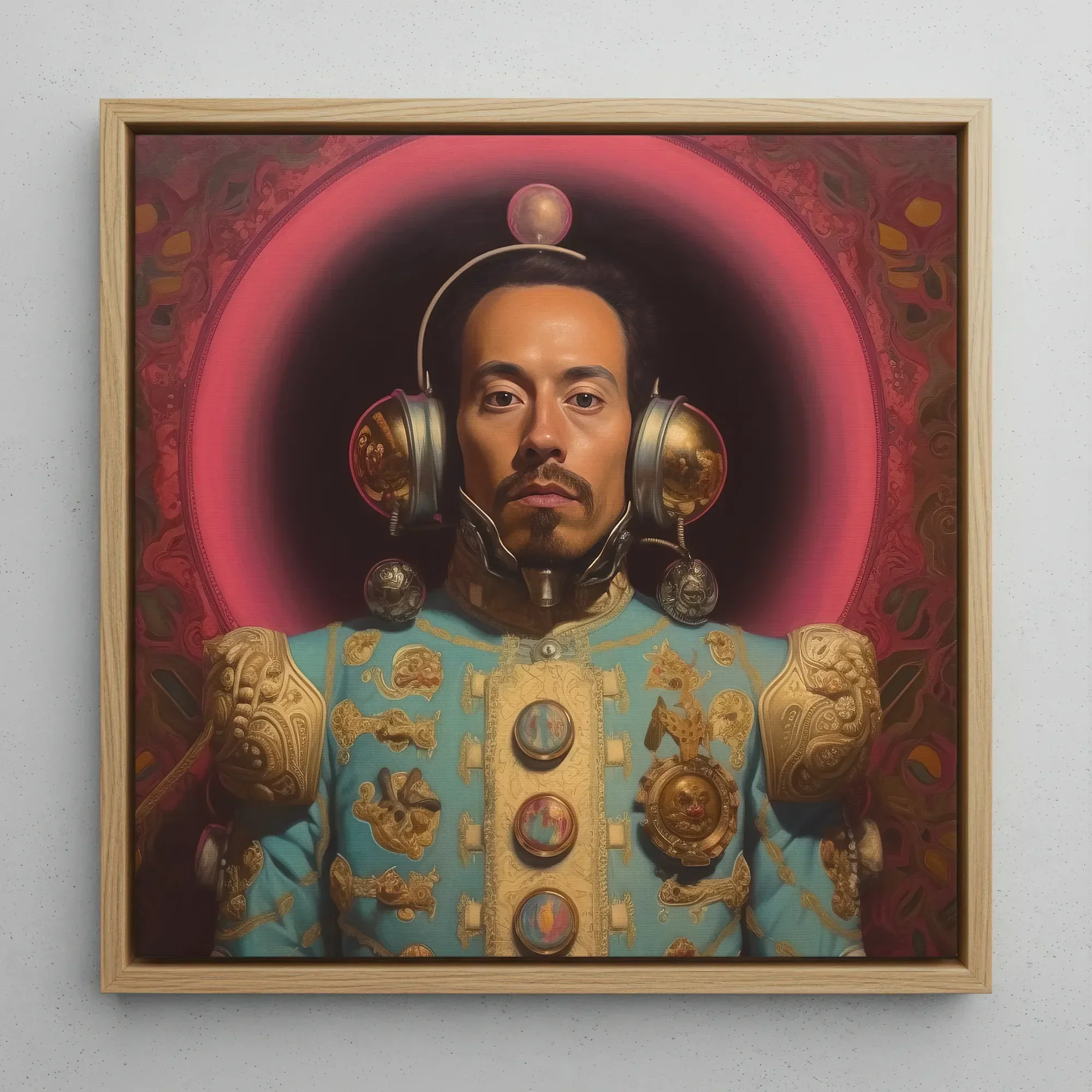 Armando - Gay Mexican Astronaut Framed Canvas, 12x12’’ / 31x31cm / Natural Floating Frame, Framed Painting Man Ornate Attire Futuristic