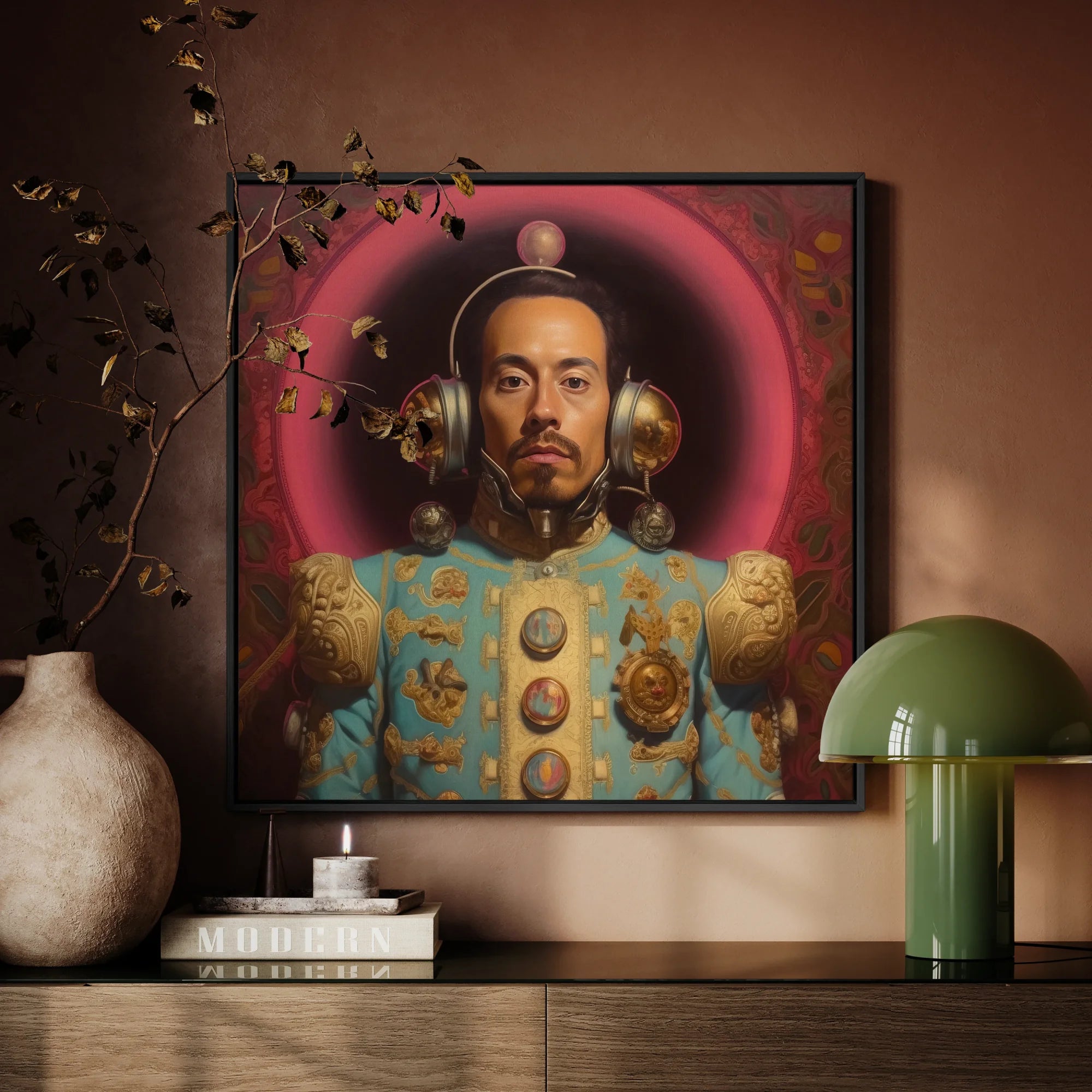 Armando - Gay Mexican Astronaut Framed Canvas, Portrait Asian Man Ornate Imperial Robes Pink Halo