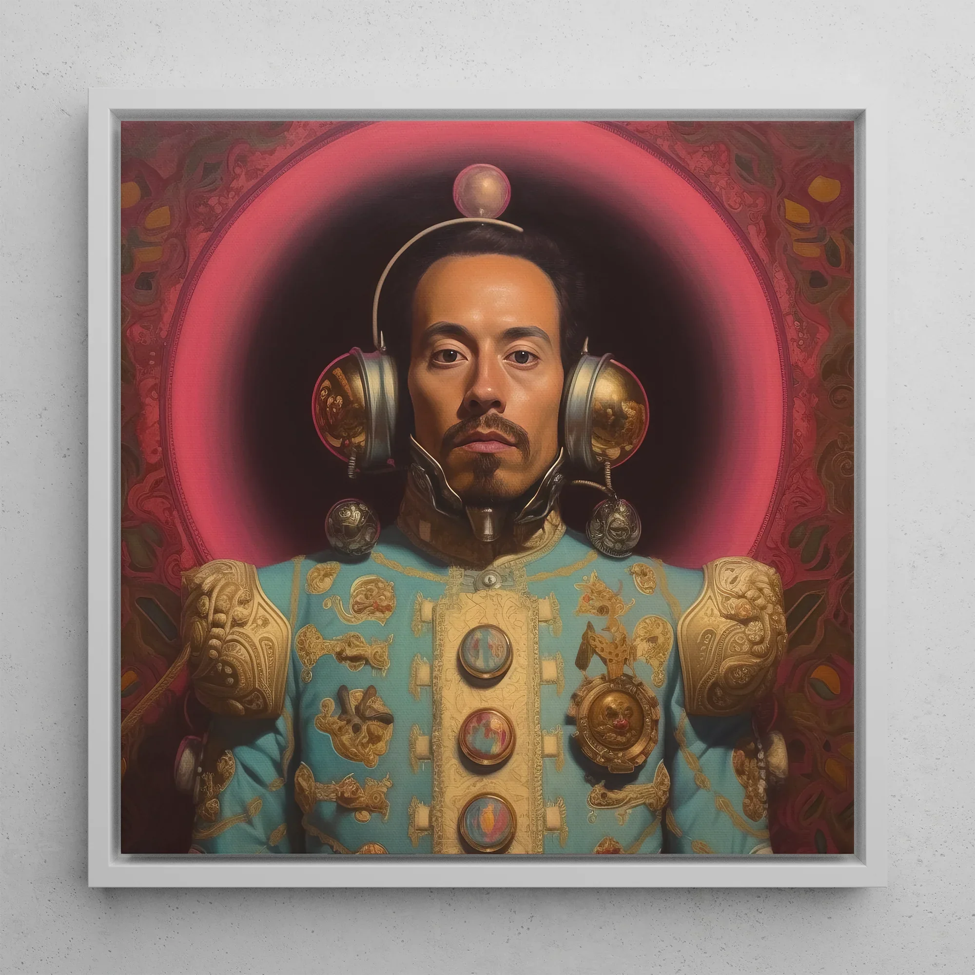 Armando - Gay Mexican Astronaut Framed Canvas, 12x12’’ / 31x31cm / White Floating Frame, Framed Portrait Man Ornate Attire