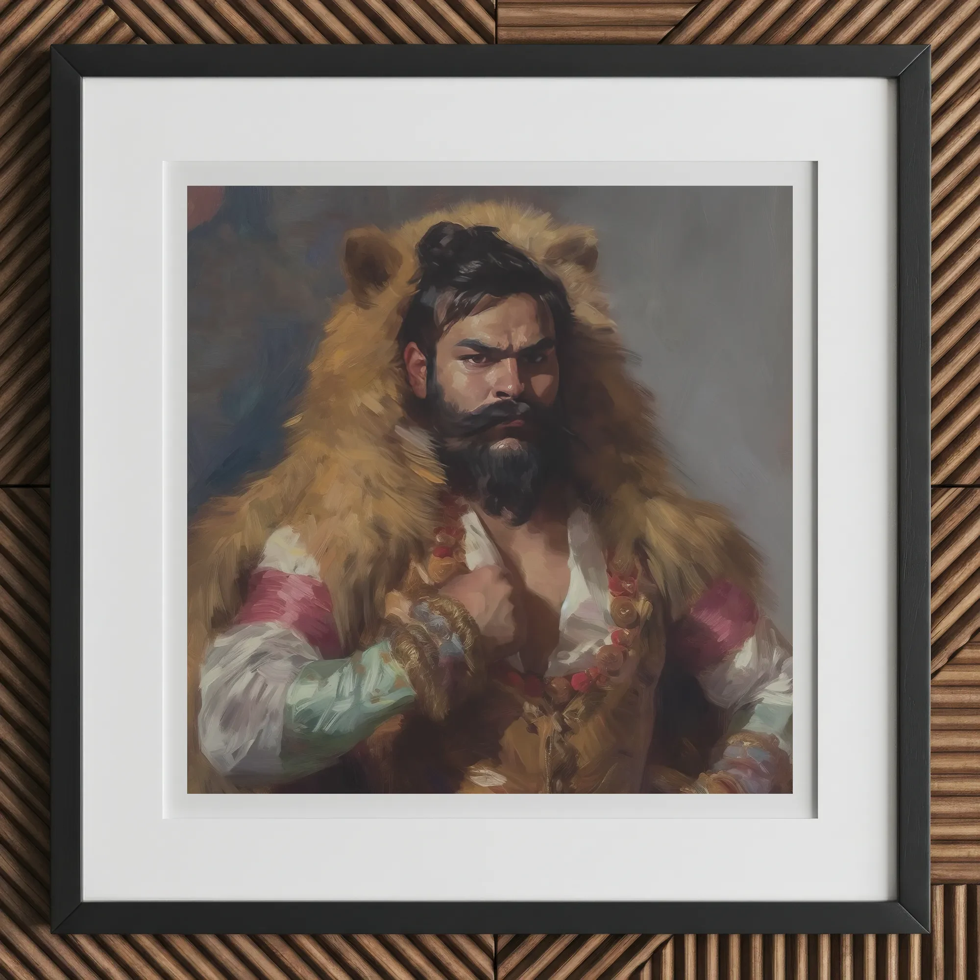 Baby Bear - Gay Desi Daddy Art Print, 12x12’’ / 31x31cm / Black Frame / 2’’ Matboard, Framed Painting Man Beard Mustache Bear Fur Shoulders
