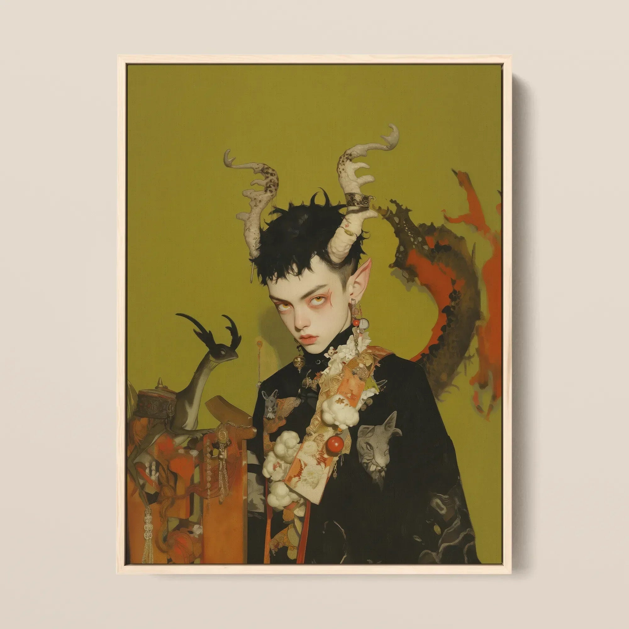 Baphomet’s Bastard - Gay Demon Framed Canvas, 12x16’’ / 31x41cm / Natural Floating Frame, Framed Painting Person Horns Pointed Ears Adorned