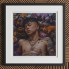 Bent & Spent - Gaysian Thai Twunk Art Print, 12x12’’ / 31x31cm / Black Frame / 2’’ Matboard, Framed Artwork Person Amidst Colorful Flora