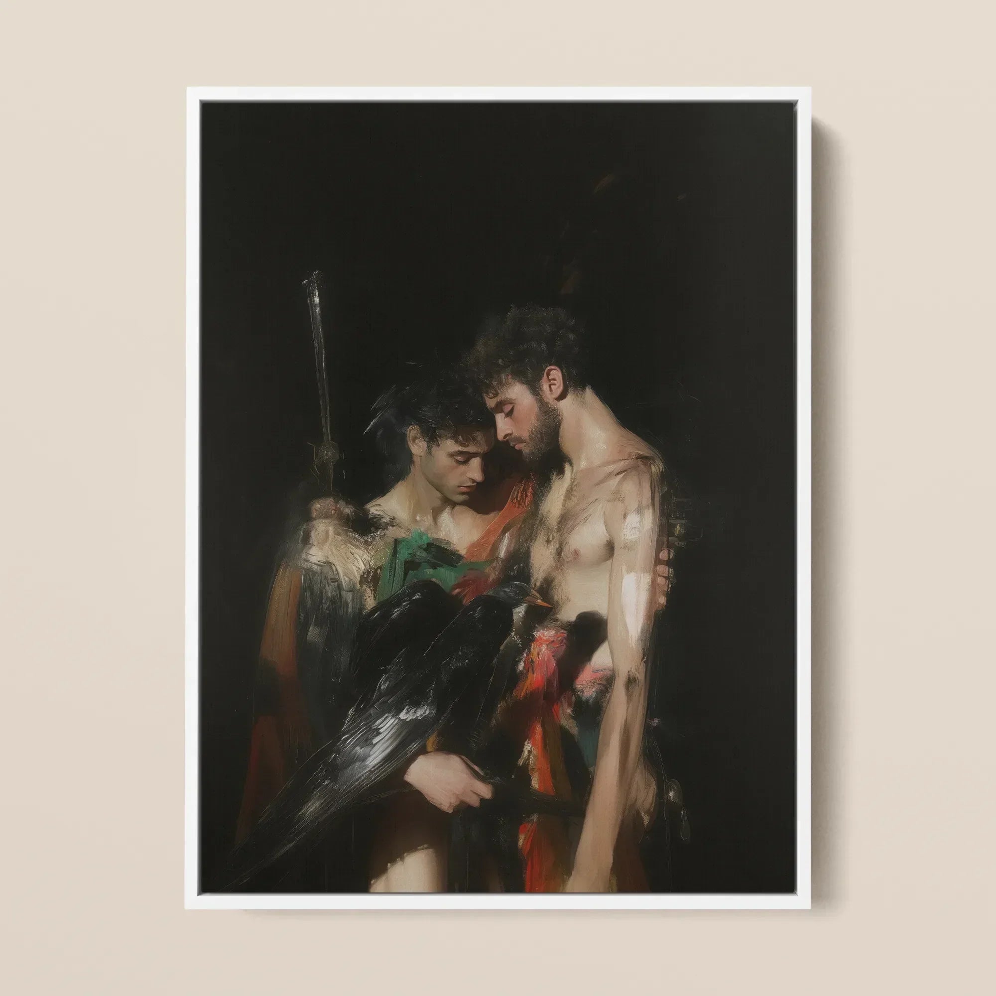 Black Bird - Greco-roman Gay Legends Framed Canvas, 12x16’’ / 31x41cm / White Floating Frame, Framed Painting Two Male Figures
