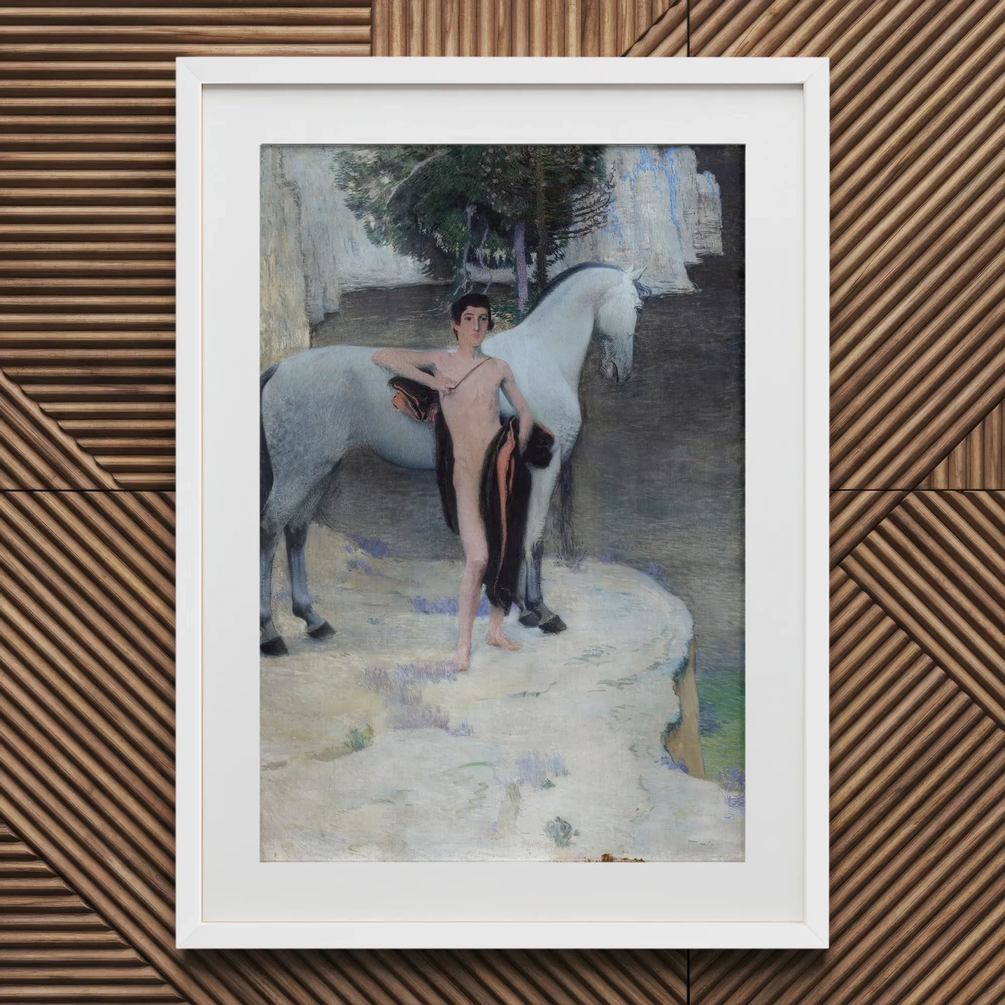 Black Lake - Jan Priesler Art Print, 20x30’’ / 51x76cm / White Frame / 2’’ Matboard, Framed Painting Male Figure White Horse