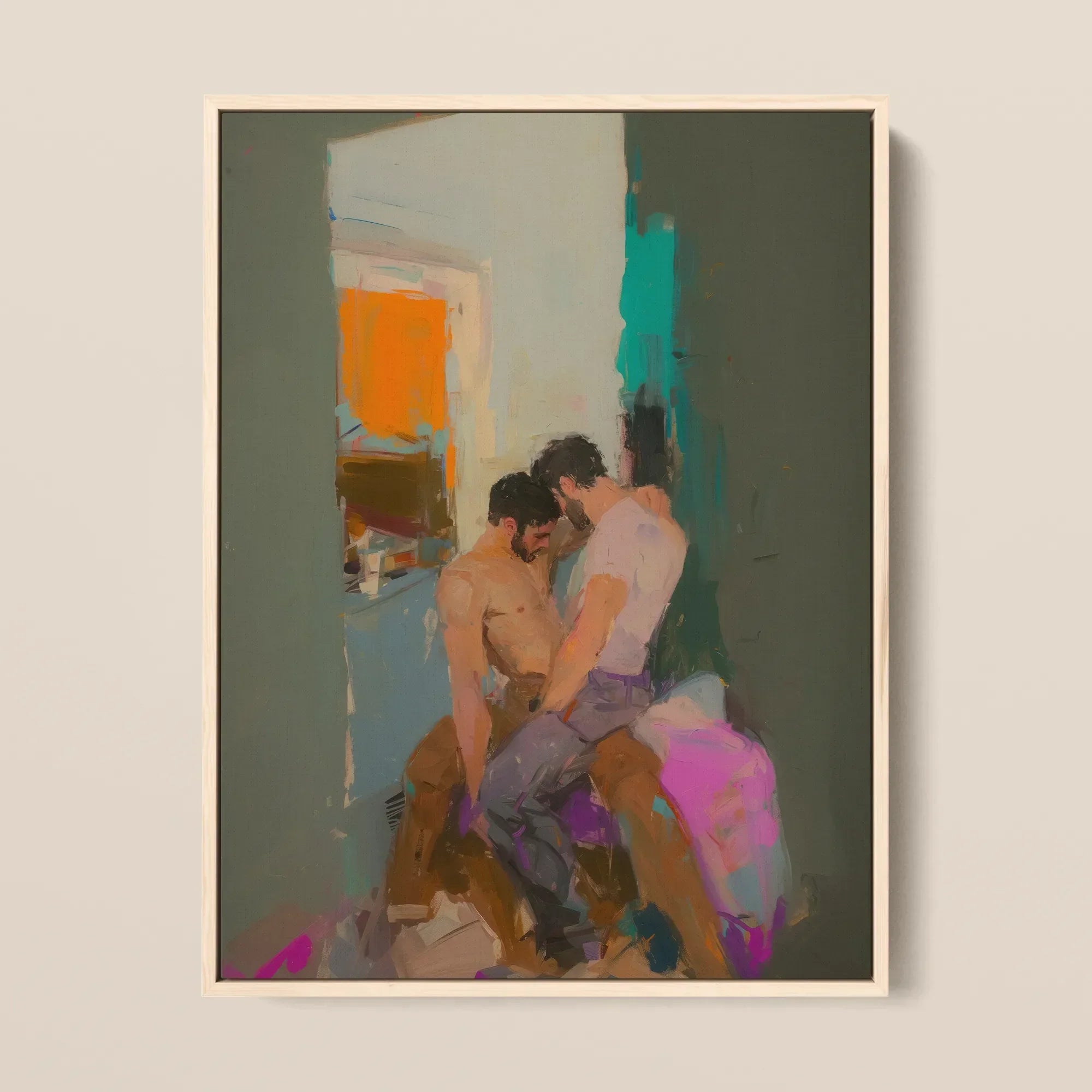 Bounty - Grungy Gay Love Framed Canvas, 12x16’’ / 31x41cm / Natural Floating Frame, Painting Two Men
