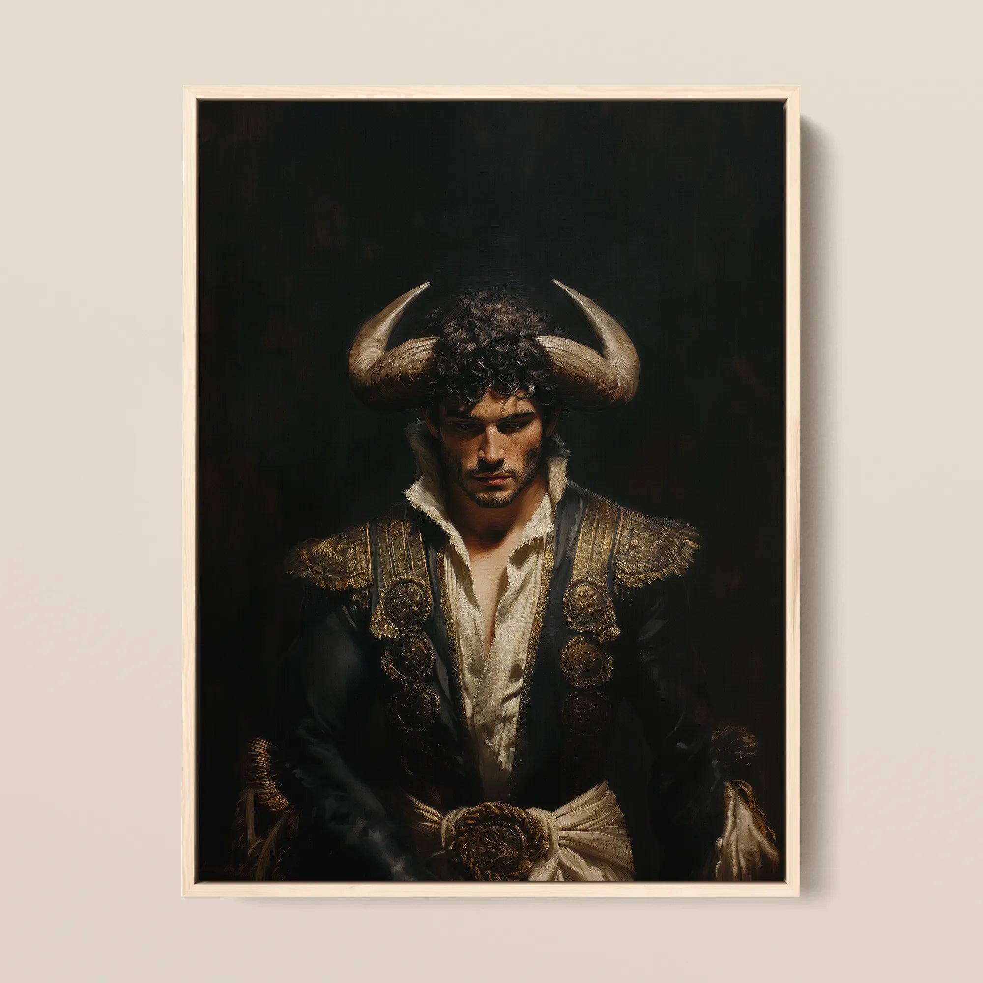 Bullish - Horny Gay Matador Framed Canvas, 12x16’’ / 31x41cm / Natural Floating Frame, Framed Painting Man Bull Horns Matador-style Jacket