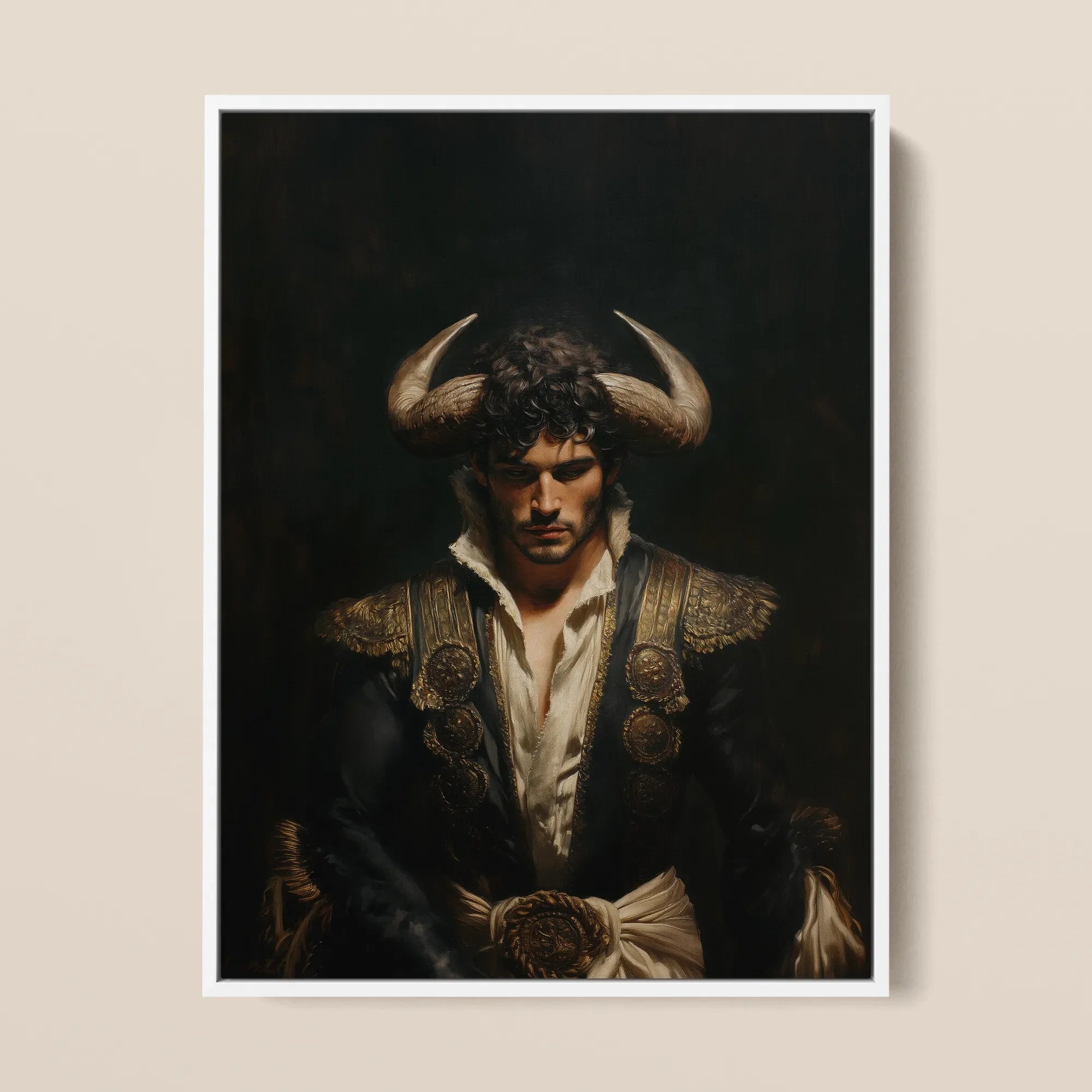Bullish - Horny Gay Matador Framed Canvas, 12x16’’ / 31x41cm / White Floating Frame, Framed Art Print Man Bull Horns Ornate Matador-style