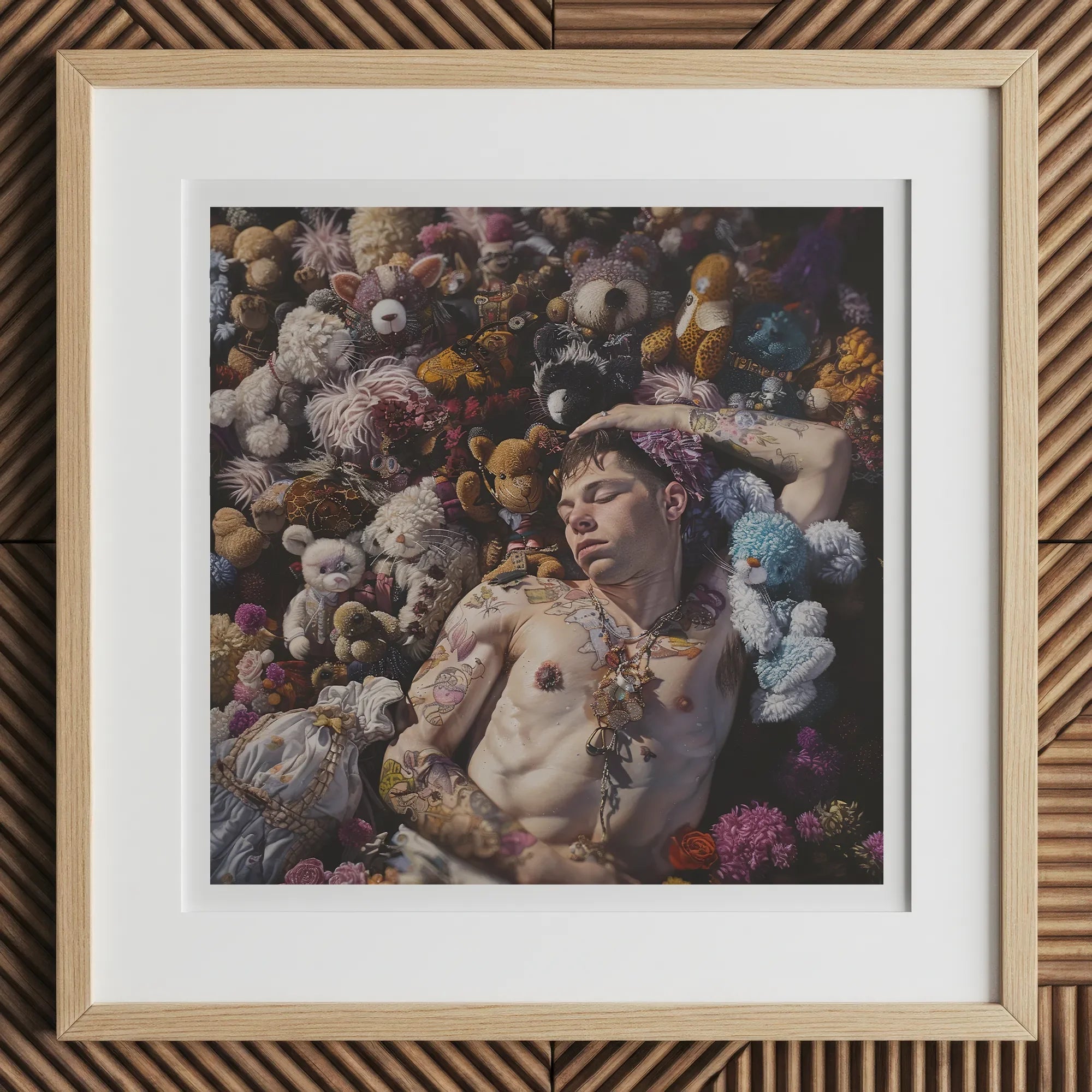 Bunked Twunk - Trashy Lowbrow Gay Punk Art Print, 12x12’’ / 31x31cm / Natural Frame / 2’’ Matboard, Framed Art Print Light Wooden Frame