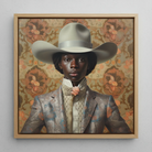 Caesar - Black Dandy Cowboy Framed Canvas, 12x12’’ / 31x31cm / Natural Floating Frame, Framed Painting Person Cowboy Hat Patterned Suit