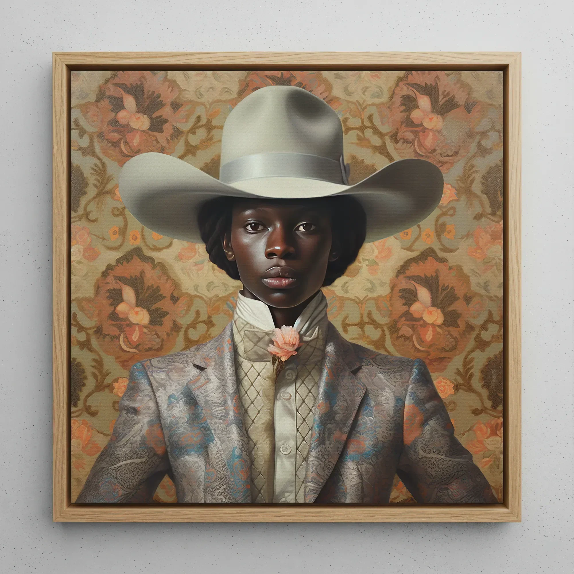 Caesar - Black Dandy Cowboy Framed Canvas, 12x12’’ / 31x31cm / Natural Floating Frame, Framed Painting Person Cowboy Hat Patterned Suit