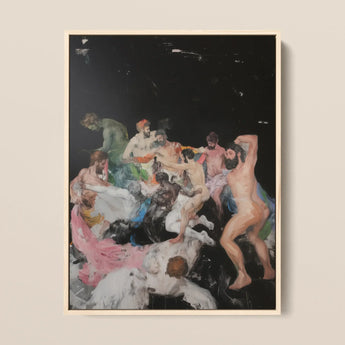 Congregation - Gay Gods Bacchanal Framed Canvas, 12x16’’ / 31x41cm / Natural Floating Frame, Framed Oil Painting Chaotic Scene Numerous