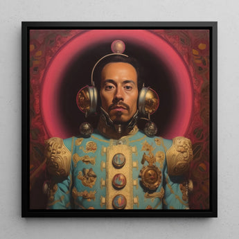 Armando - Gay Mexican Astronaut Framed Canvas, 12x12’’ / 31x31cm / Black Floating Frame, Portrait Man Ornate Turquoise Gold Costume
