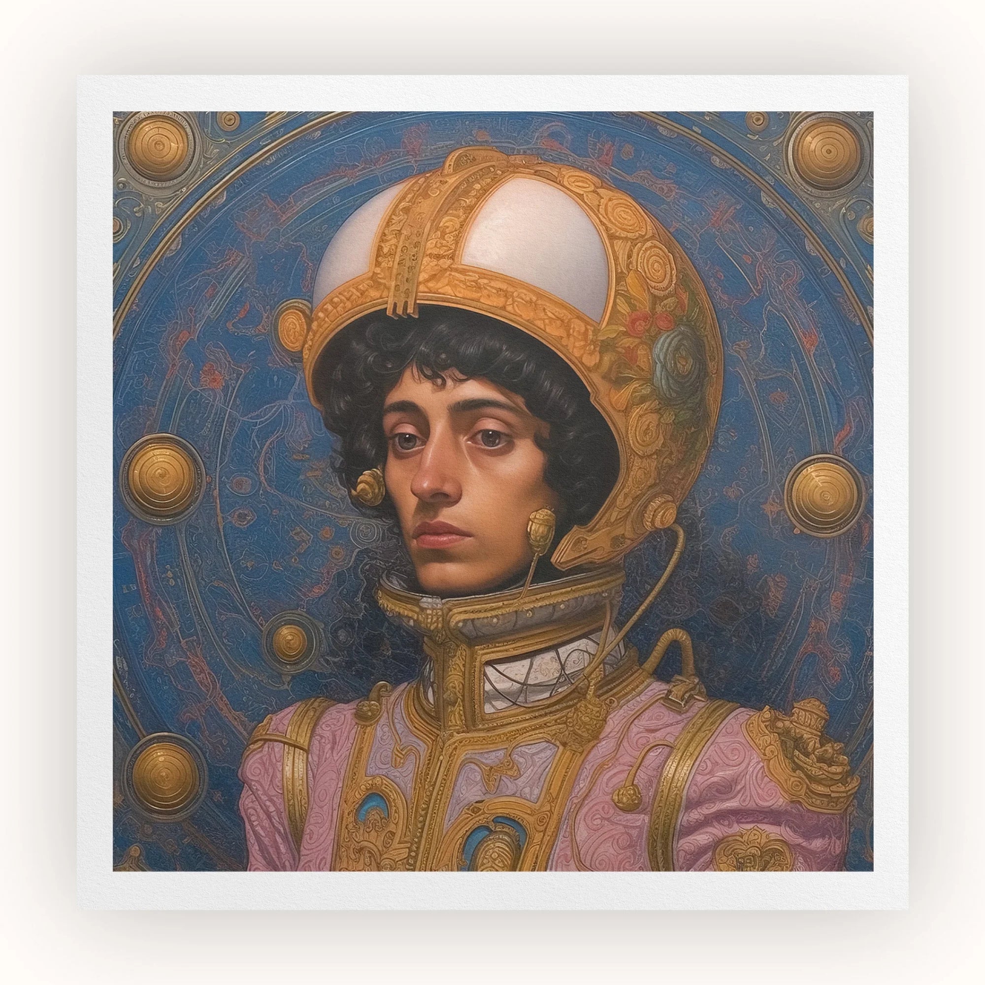 Samir - Gay Muslim Astronaut Art Print, Portrait Person Ornate Golden Helmet Pink Garment Gold