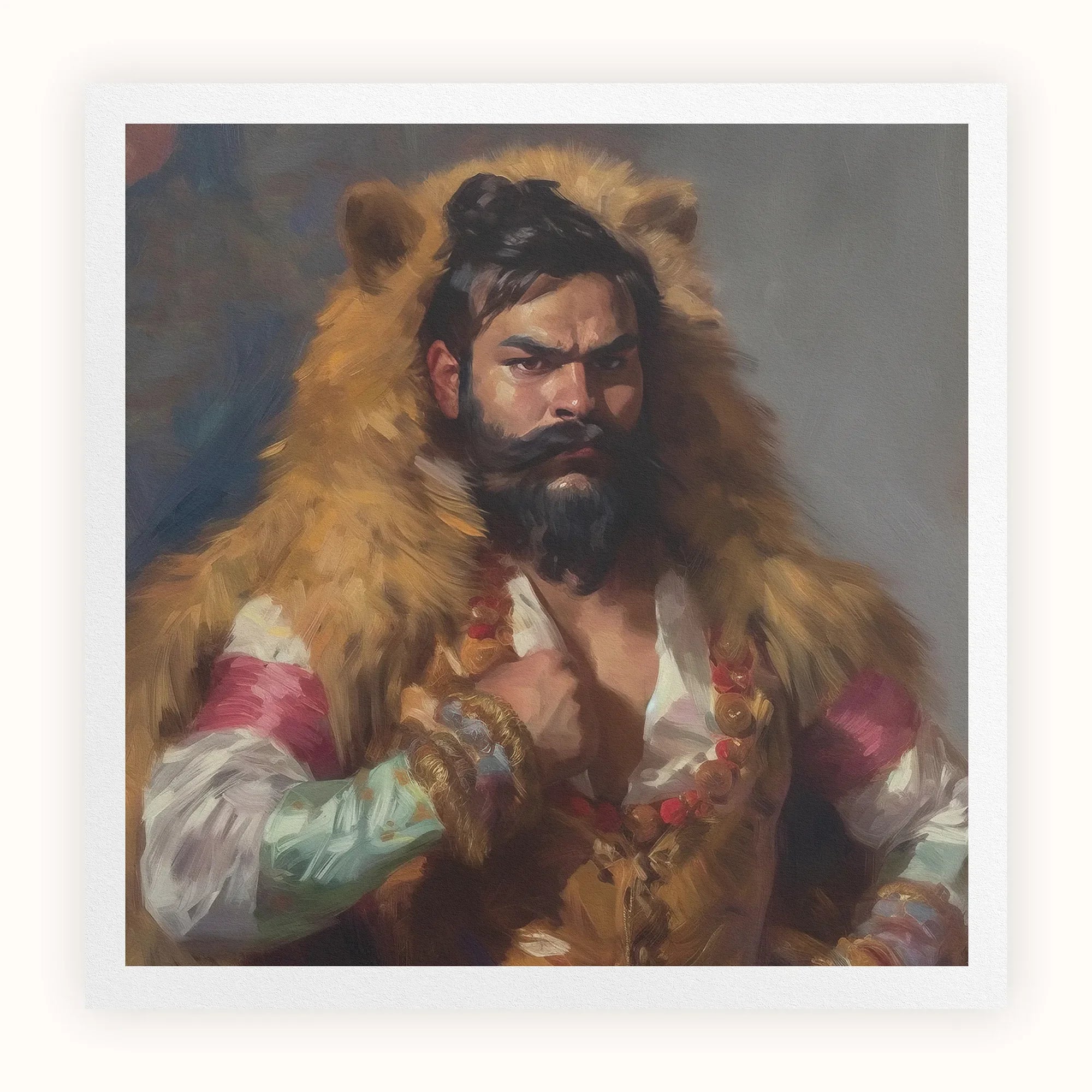 Baby Bear - Gay Desi Daddy Art Print, Bearded Man Elaborate Fur Headdress Cloak Lion’s Mane