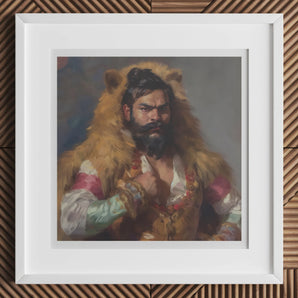 Baby Bear - Gay Desi Daddy Art Print, 12x12’’ / 31x31cm / White Frame / 2’’ Matboard, Framed Portrait Painting Bearded Man Animal Fur Cloak