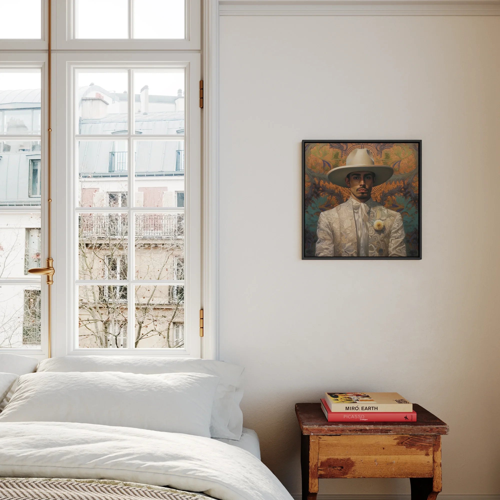 Estephan - Queer Latino Vaquero Framed Canvas, Bedroom Tall Window White Bedding Framed Artwork Wall