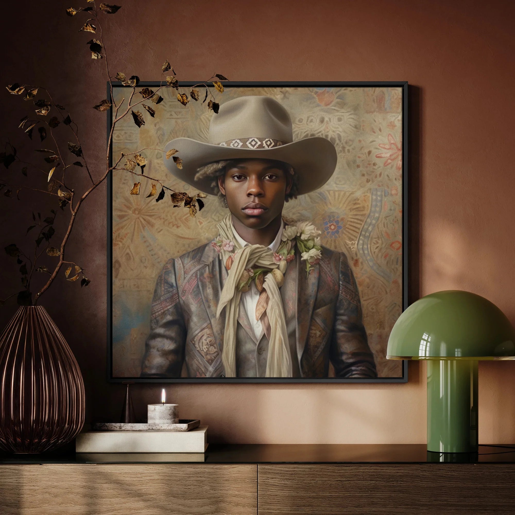 Lysander - Gay Black Cowboy Dandy Framed Canvas, Portrait Young Person Cowboy Hat Vintage-style Clothing