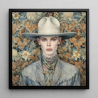 Jasper - Twink Cowboy Dandy Framed Canvas, 12x12’’ / 31x31cm / Black Floating Frame, Portrait Person Wide-brimmed White Hat Floral