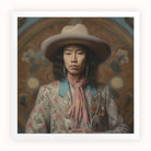 Dorjee - Tibetan Cowboy Dandy Art Print, Portrait Wide-brimmed Hat Floral Jacket Pink Scarf