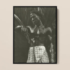 Ennui - Lionel Wendt Framed Canvas, Framed Black White Photograph Shirtless Man Checked Sarong