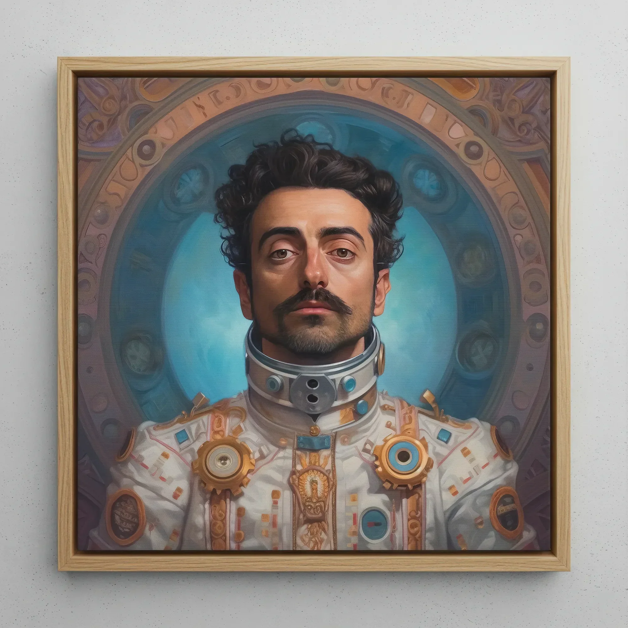 Eskandar - Arabic Gay Astronaut Framed Canvas, 12x12’’ / 31x31cm / Natural Floating Frame, Framed Oil Painting Mustachioed Man Futuristic