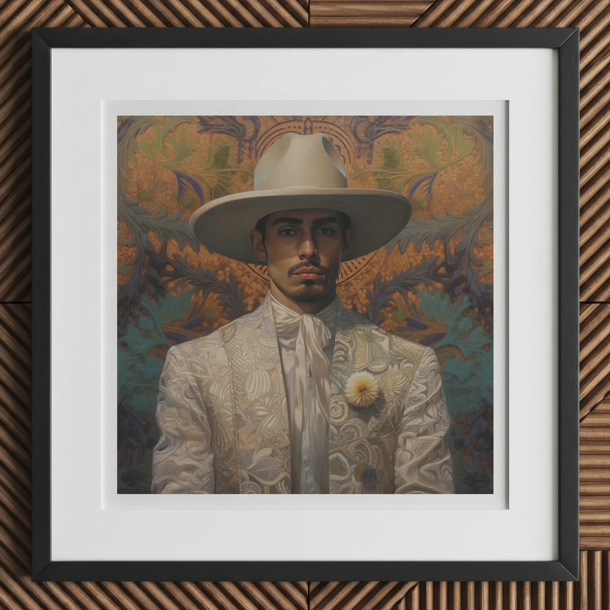 Estephan - Gay Latino Vaquero Art Print, 12x12’’ / 31x31cm / Black Frame / 2’’ Matboard, Framed Portrait Man White Suit Hat