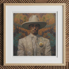 Estephan - Gay Latino Vaquero Art Print, 12x12’’ / 31x31cm / Natural Frame / 2’’ Matboard, Framed Portrait Man Hat Patterned Suit