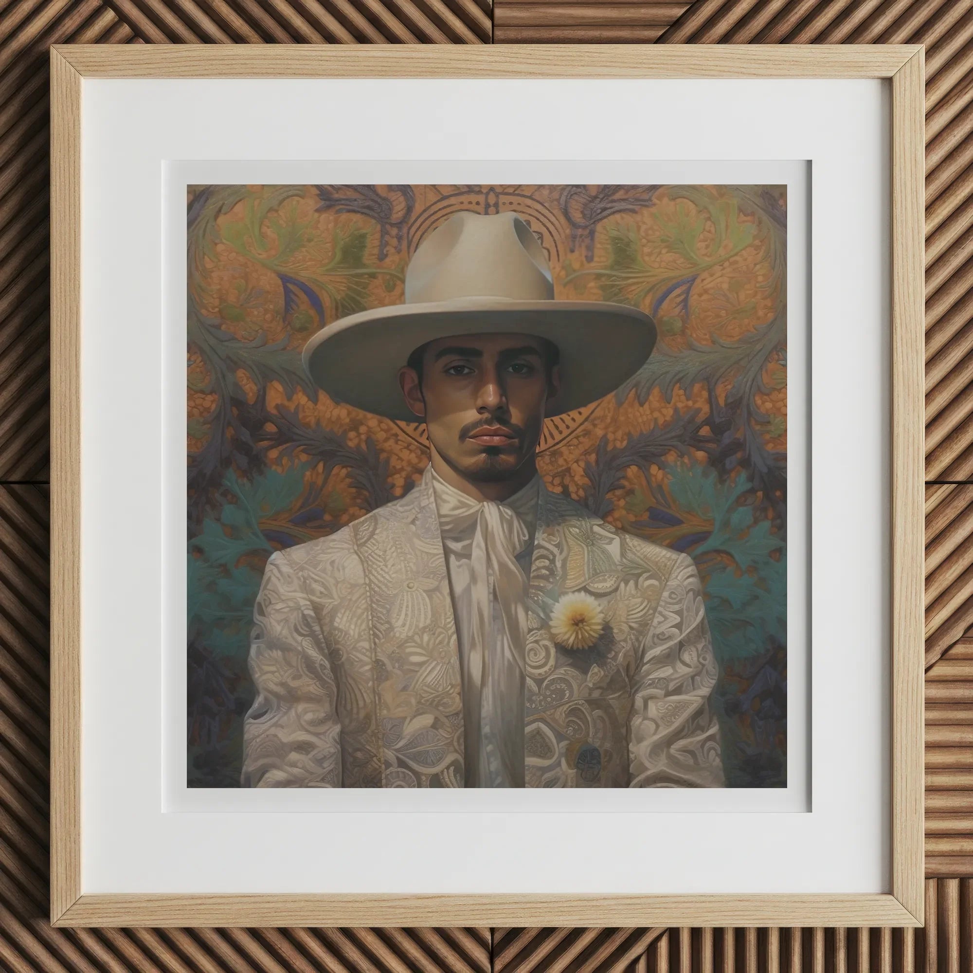 Estephan - Gay Latino Vaquero Art Print, 12x12’’ / 31x31cm / Natural Frame / 2’’ Matboard, Framed Portrait Man Hat Patterned Suit