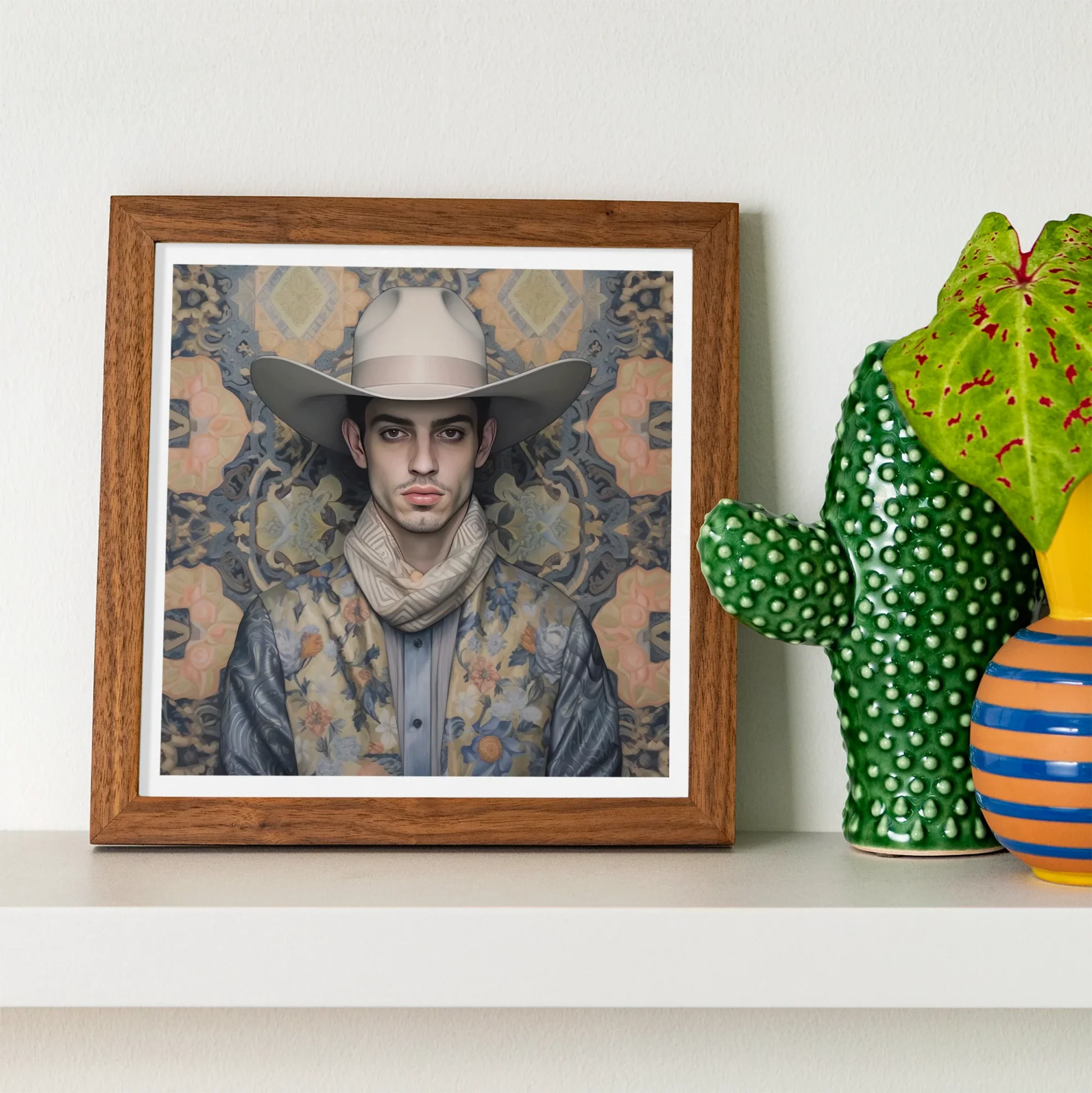 Farzad - Arabic Gay Cowboy Art Print, Framed Artwork Figure Cowboy Hat Scarf Patterned Background