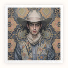 Farzad - Arabic Gay Cowboy Art Print, Portrait Cowboy Light-colored Hat Patterned Shirt Ornate Wallpaper