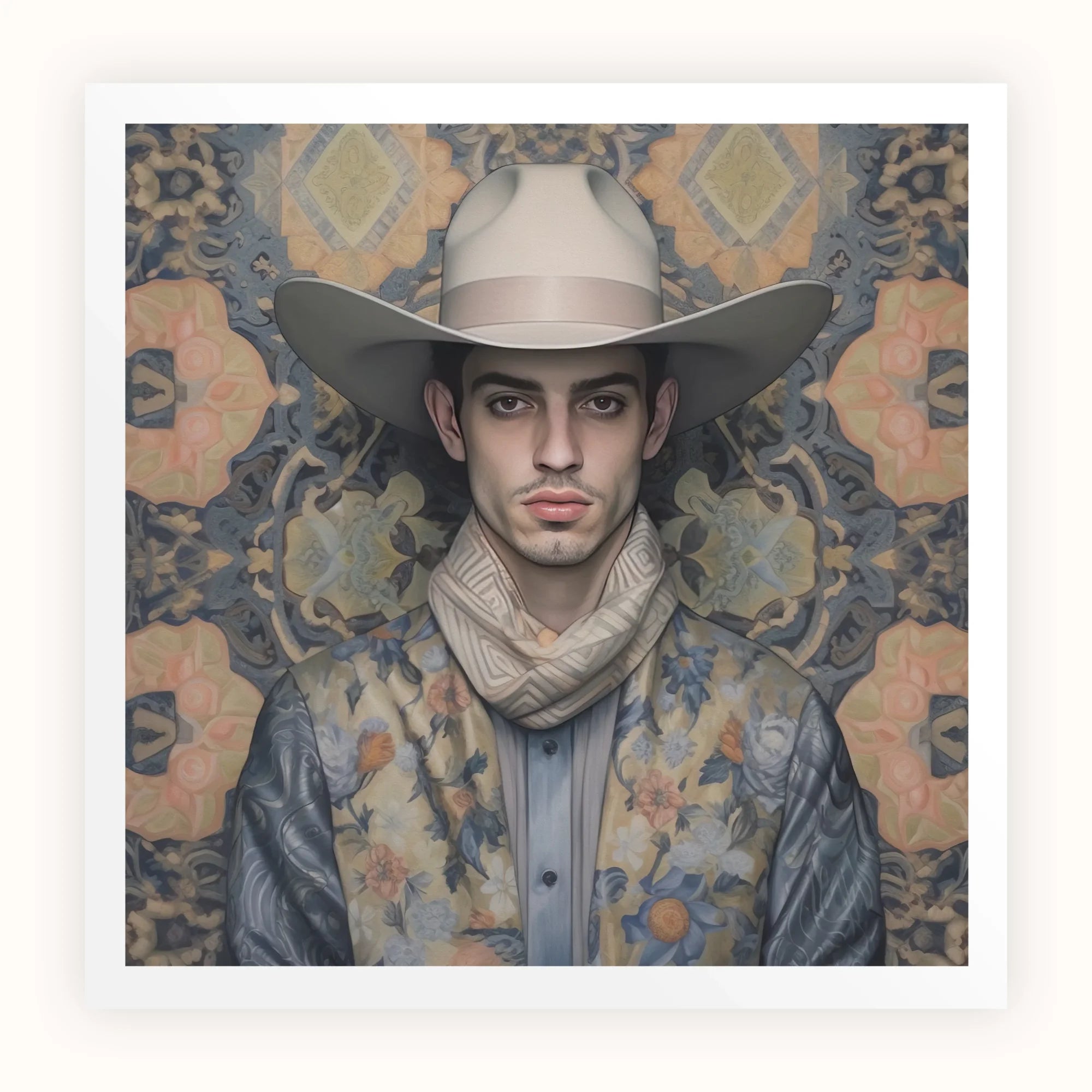 Farzad - Arabic Gay Cowboy Art Print, Portrait Cowboy Light-colored Hat Patterned Shirt Ornate Wallpaper