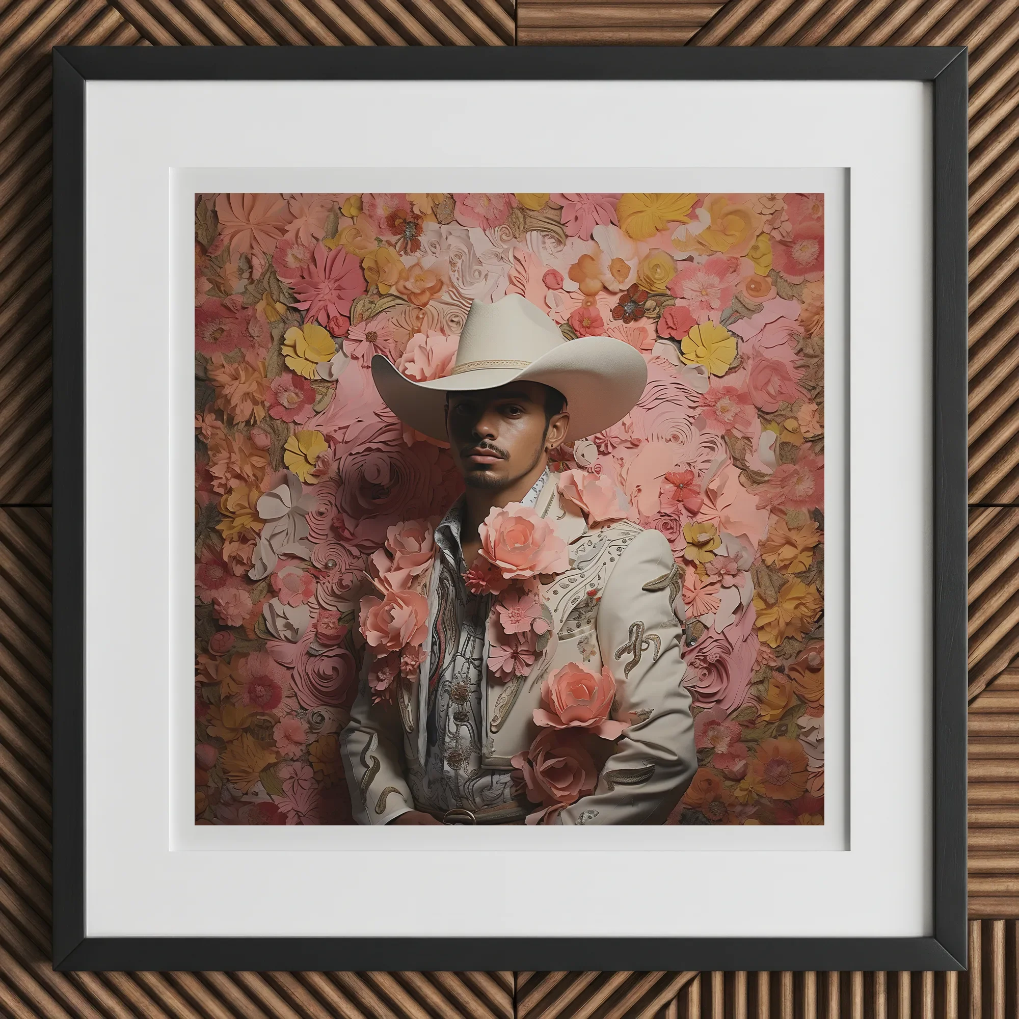 Fernando - Gay Mexican Vaquero Art Print, 12x12’’ / 31x31cm / Black Frame / 2’’ Matboard, Framed Artwork Person Cowboy Hat Ornate Jacket