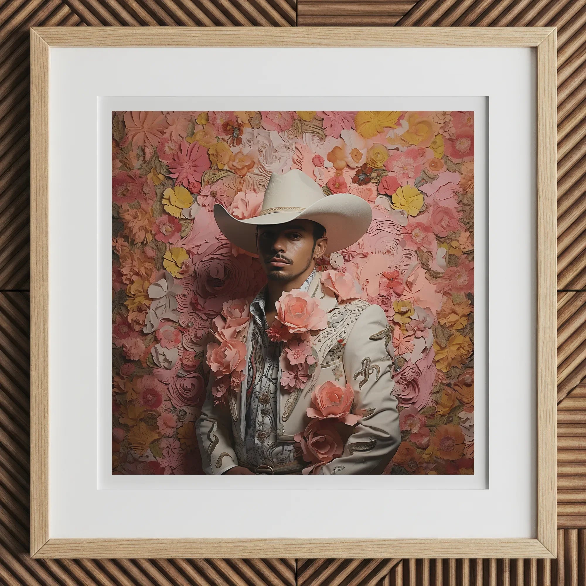 Fernando - Gay Mexican Vaquero Art Print, 12x12’’ / 31x31cm / Natural Frame / 2’’ Matboard, Framed Artwork Person Cowboy Hat Ornate Jacket