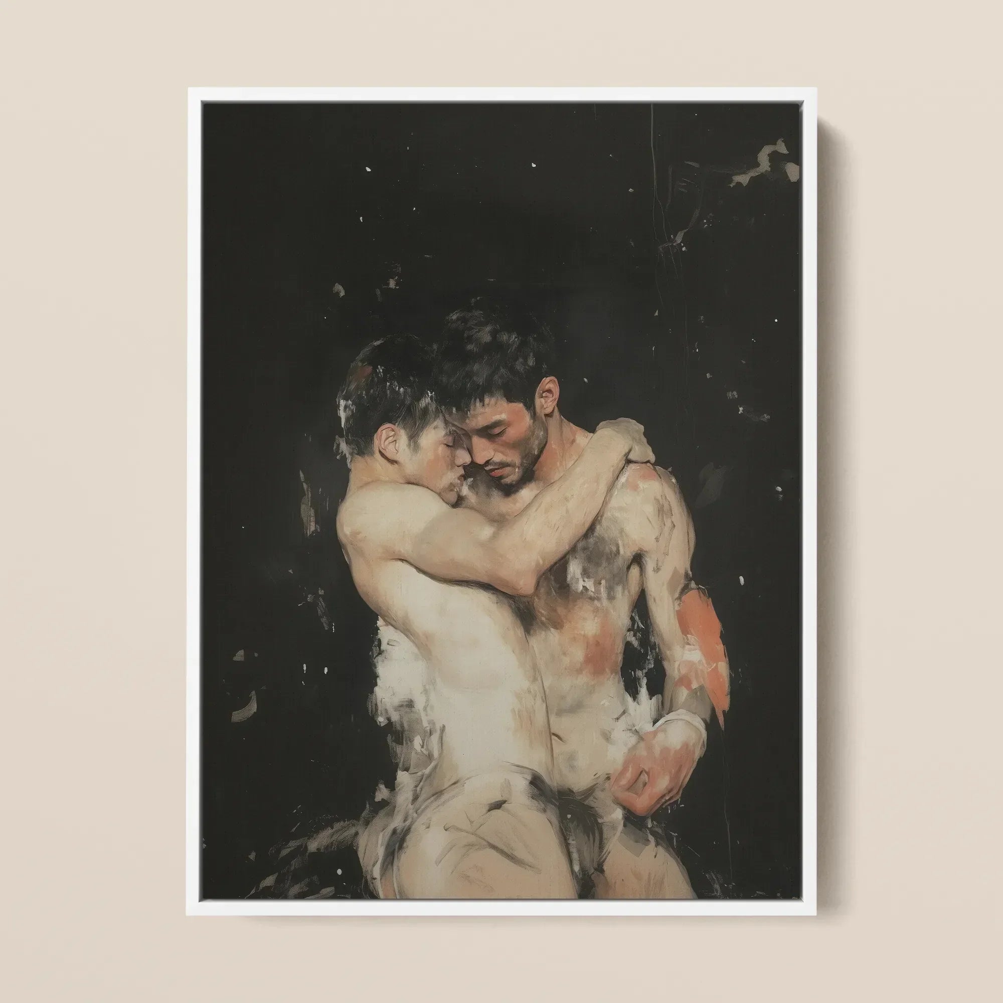 Hold Tight - Ancient Homoerotic Fantasy Framed Canvas, 12x16’’ / 31x41cm / White Floating Frame, Painting Two Men