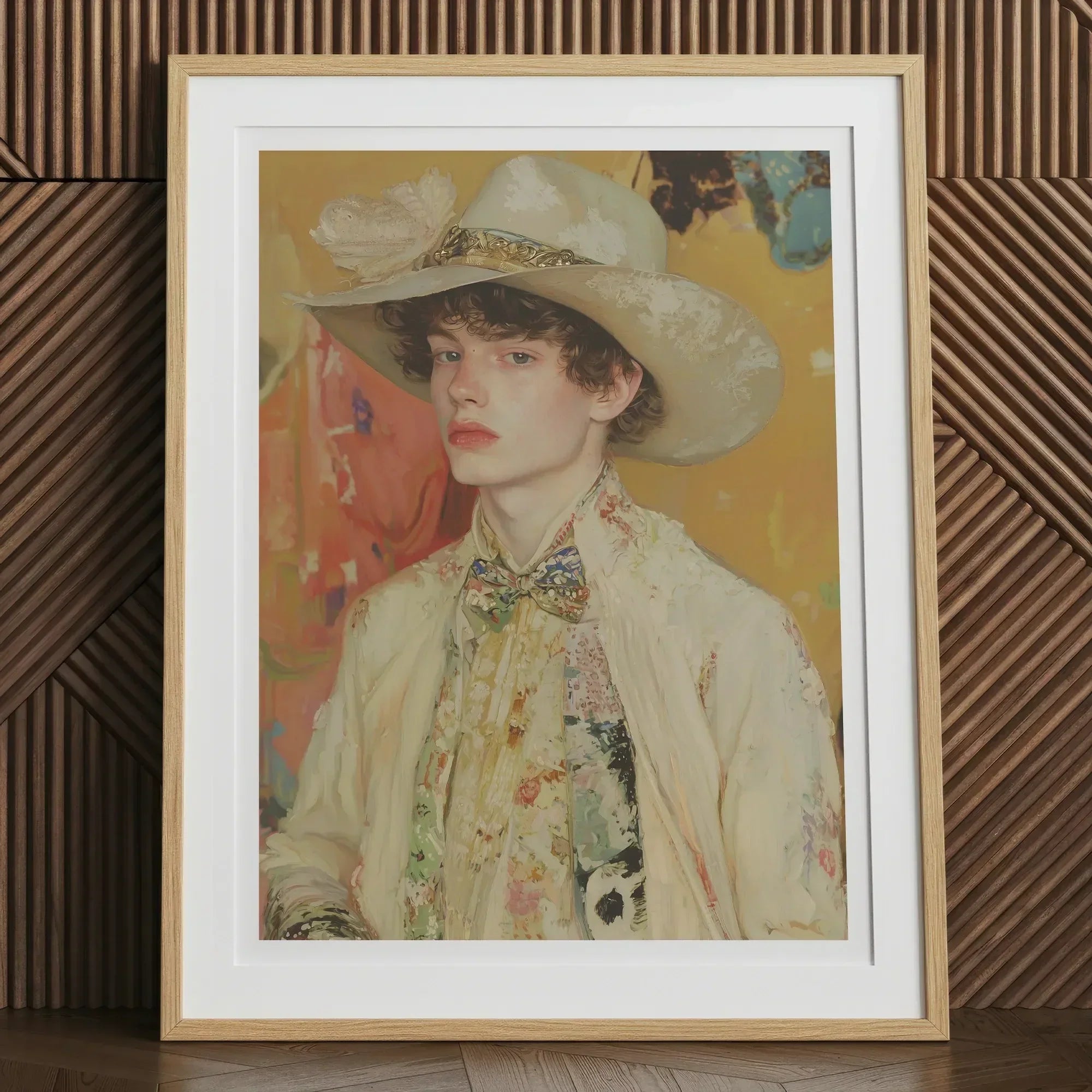 Jacob - Queer Couture Cowboy Art Print, 12x16’’ / 31x41cm / Natural Frame / 2’’ Matboard, Framed Portrait Person Wide-brimmed Hat Floral