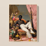 Jacques - Gay Black Sailor Dandy Framed Canvas, 12x16’’ / 31x41cm / Natural Floating Frame, Painting Man Seated Pink Chaise Lounge White
