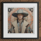 Jacy - Native American Gay Cowboy Art Print, 12x12’’ / 31x31cm / Black Frame / 2’’ Matboard, Framed Portrait Person Cowboy Hat Fur-collared