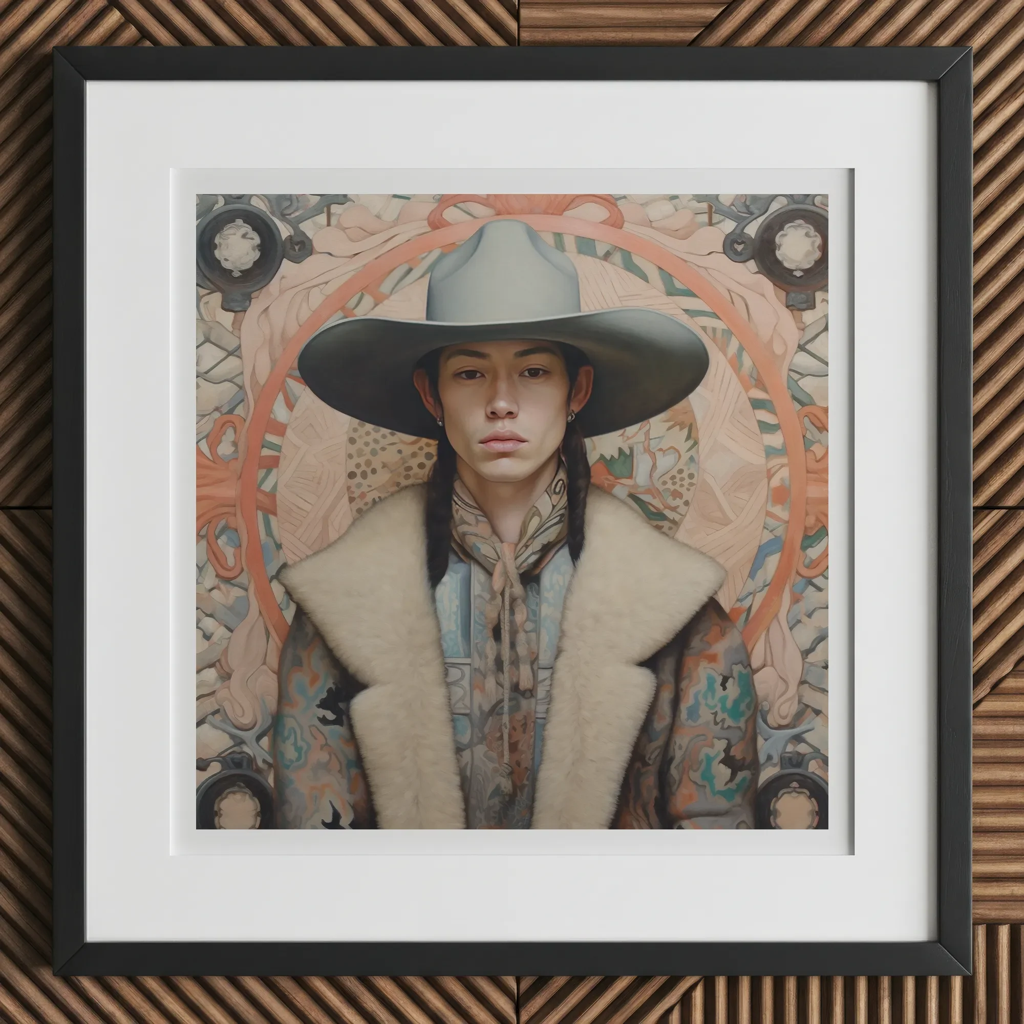 Jacy - Native American Gay Cowboy Art Print, 12x12’’ / 31x31cm / Black Frame / 2’’ Matboard, Framed Portrait Person Cowboy Hat Fur-collared