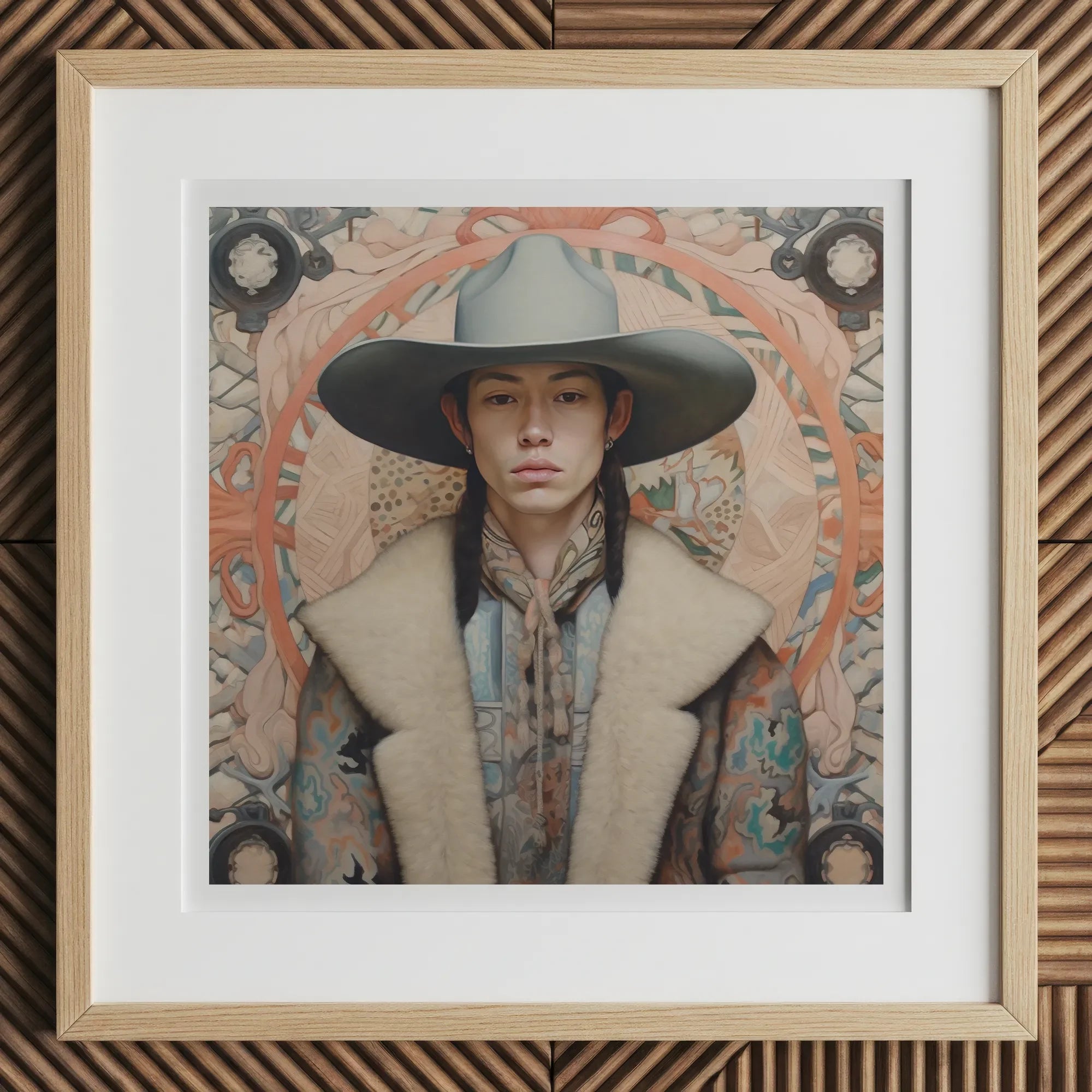 Jacy - Native American Gay Cowboy Art Print, 12x12’’ / 31x31cm / Natural Frame / 2’’ Matboard, Framed Portrait Person Wide-brimmed Hat