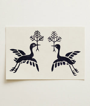 Pair of Cranes - Taguchi Tomoki Fine Art Print Minimalist Black-and-white Linocut Two Stylized Birds Tree Ink-black, Meet, Beak