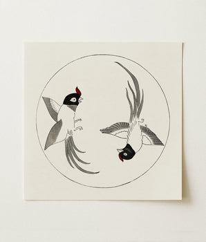 Pair of Swallows - Taguchi Tomoki Fine Art Print Minimalist Black-and-white Illustration Cream-colored Paper Two Stylized Birds, Meiji Era