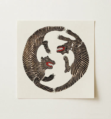 Pair of Tigers - Taguchi Tomoki Fine Art Print Black Red Striped Tiger Illustration Off-white Paper, Two Coil, Bodies Forming, Aged Cream