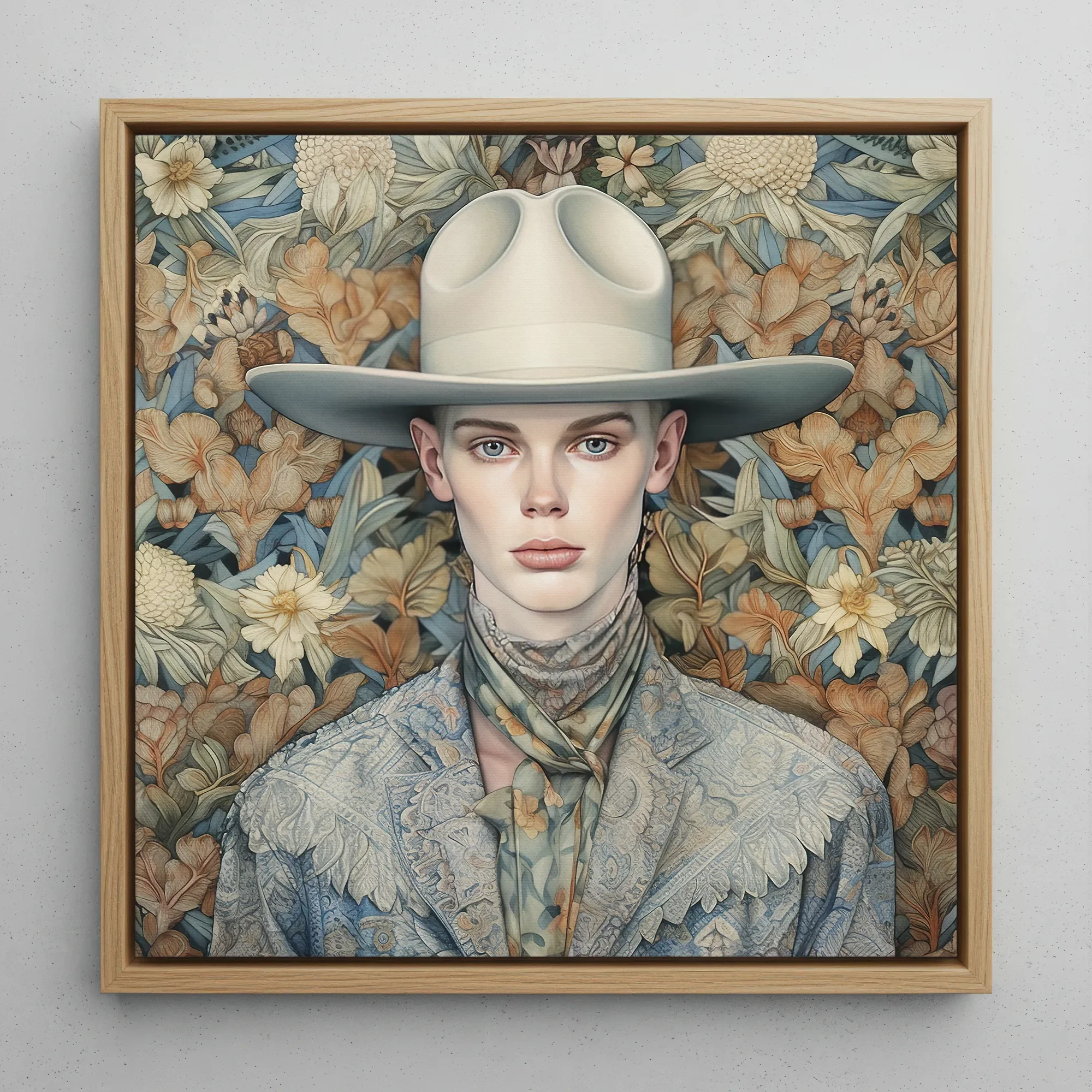 Jasper - Twink Cowboy Dandy Framed Canvas, 12x12’’ / 31x31cm / Natural Floating Frame, Framed Painting Person Cowboy Hat Patterned Scarf