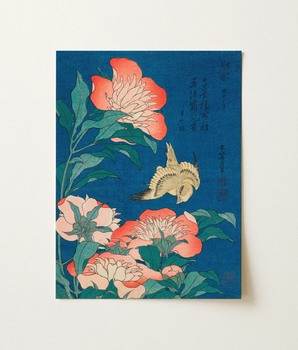 Peonies and Canary - Katsushika Hokusai Fine Art Print Vibrant Japanese Woodblock Coral Cream Hues Decades Spent Mapping, Mount, Fuji,