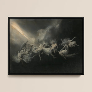 Lightning Struck a Flock of Witches - William Holbrook Beard Framed Canvas, Black Framed Canvas Artwork Ethereal Figures