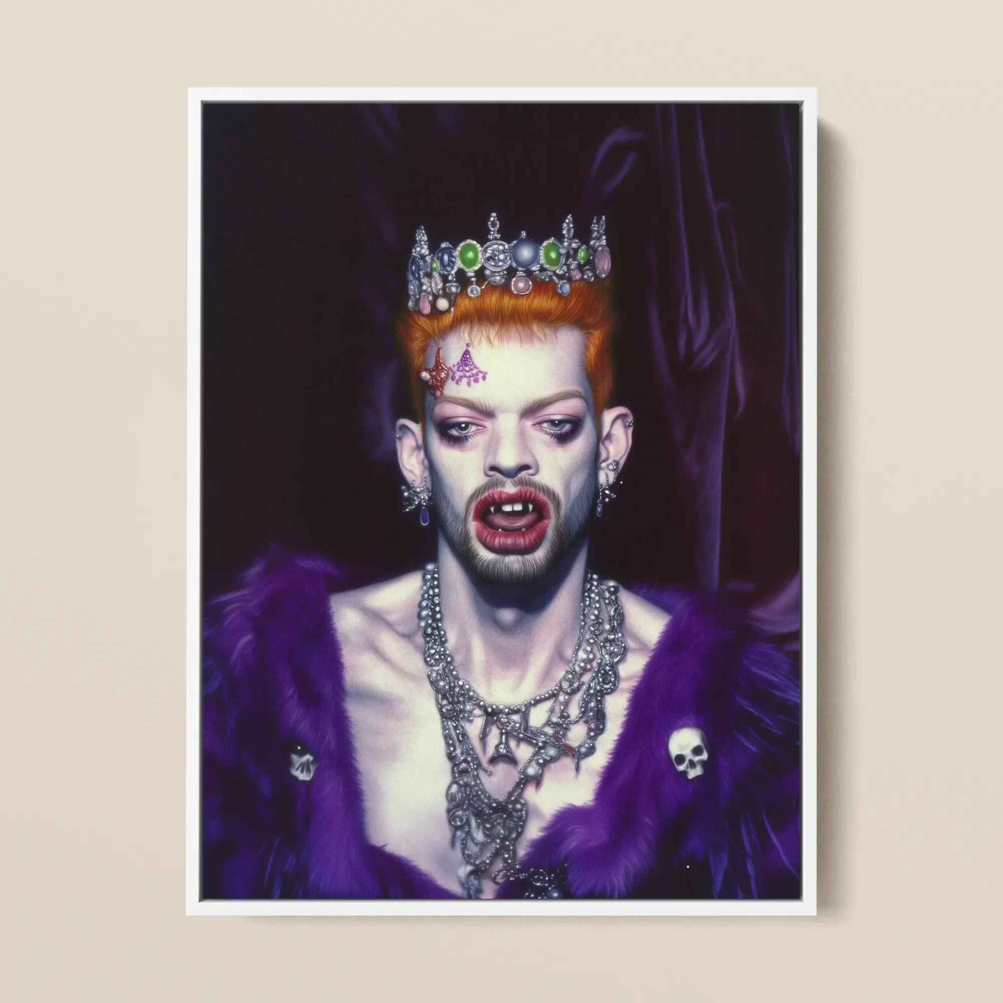 Louis - Club Kid Vampire Framed Canvas, 12x16’’ / 31x41cm / White Floating Frame, Framed Portrait Person Drag Makeup Orange Wig Bejeweled